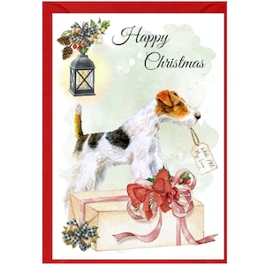 Carte de Noël métallique pour chien Fox Terrier (6 x 4 po.) vierge à l'intérieur - avec enveloppe.  Article parfait pour tous les amoureux des chiens