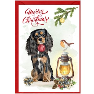 Carte de Noël pour chien Cavalier King Charles Spaniel (noir et feu) (6 x 4 po.) vierge à l'intérieur - avec enveloppe. Article parfait pour tous les amoureux des chiens