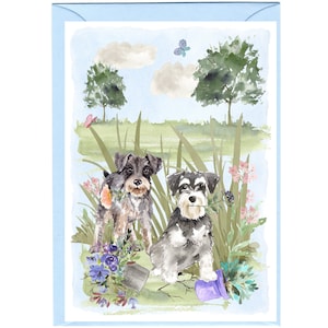 Tarjeta en blanco o libreta con diseño de perro Schnauzer miniatura (6" x 4") con sobre. Diseño de paisajista. Artículo perfecto para cualquier amante de los perros.