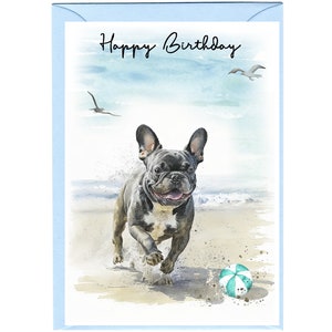 Franse Bulldog/Franse hond "Happy Birthday"-kaart (6 "x 4") met envelop. Blanco binnenkant voor je eigen bericht. Perfect voor elke hondenliefhebber