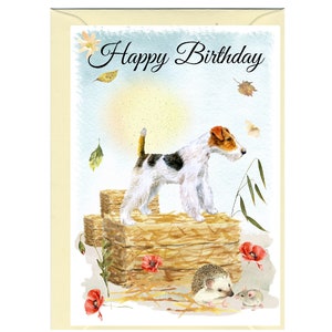 Biglietto "Happy Birthday" per cane Fox Terrier in filo metallico (6"x 4") con busta. Vuoto all'interno per il tuo messaggio. Perfetto per ogni amante dei cani