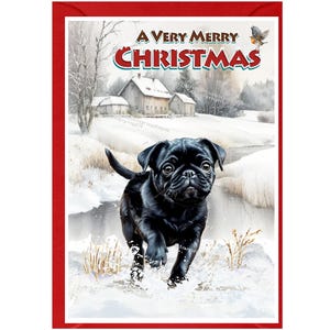 Tarjeta de Navidad para perro Pug (negro) (6" x 4") Interior en blanco, con sobre. Artículo perfecto para cualquier amante de los perros.