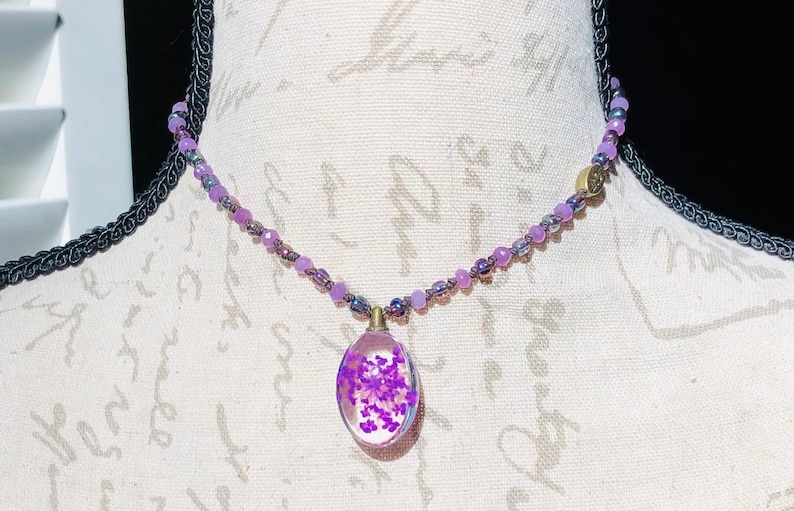 Violet Dyed Jade Gemstones and Misty Rose Seed Beads you can have them both! Pressed Flower Jewelry Choker or Necklace