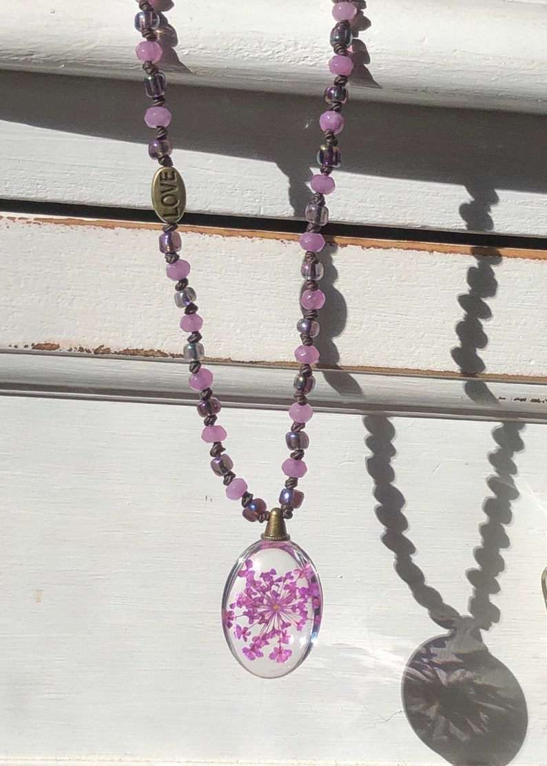 Violet Dyed Jade Gemstones and Misty Rose Seed Beads you can have them both! Pressed Flower Jewelry Choker or Necklace