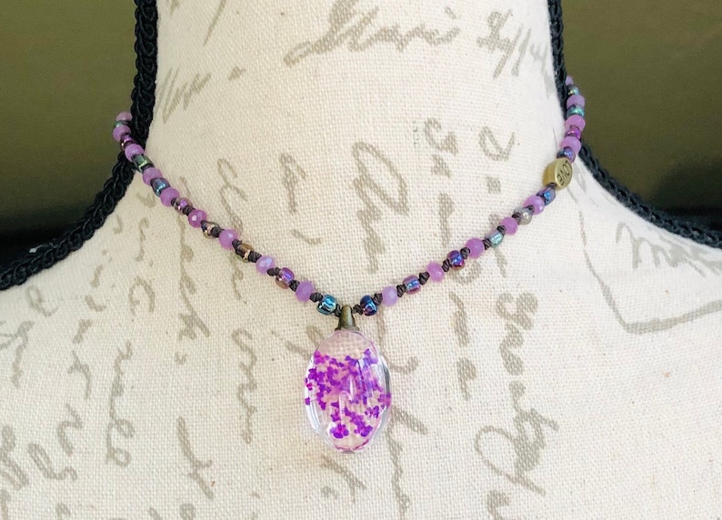 Violet Dyed Jade Gemstones and Misty Rose Seed Beads you can have them both! Pressed Flower Jewelry Choker or Necklace