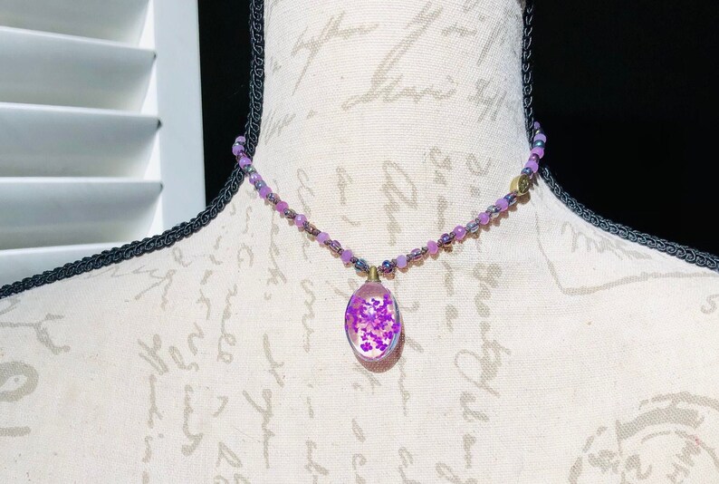 Violet Dyed Jade Gemstones and Misty Rose Seed Beads you can have them both! Pressed Flower Jewelry Choker or Necklace