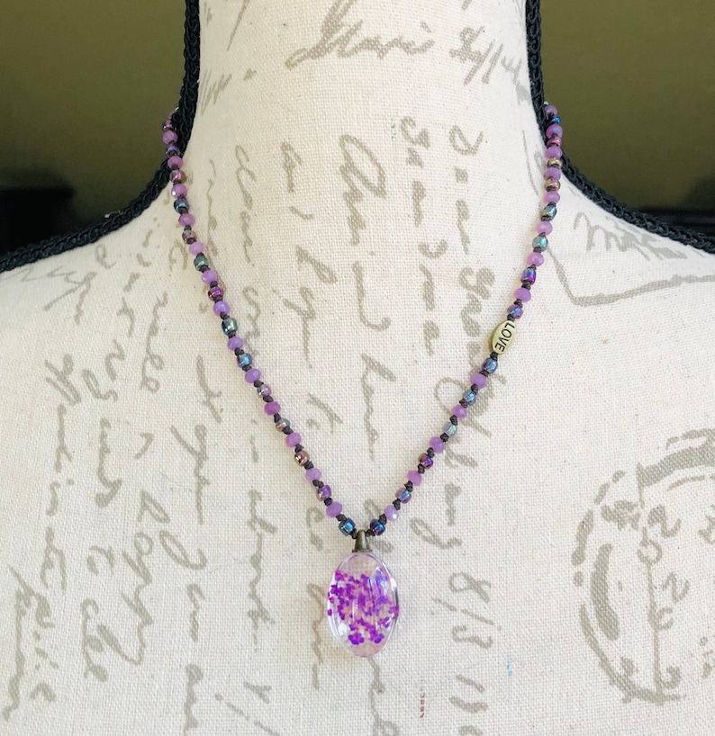 Violet Dyed Jade Gemstones and Misty Rose Seed Beads you can have them both! Pressed Flower Jewelry Choker or Necklace