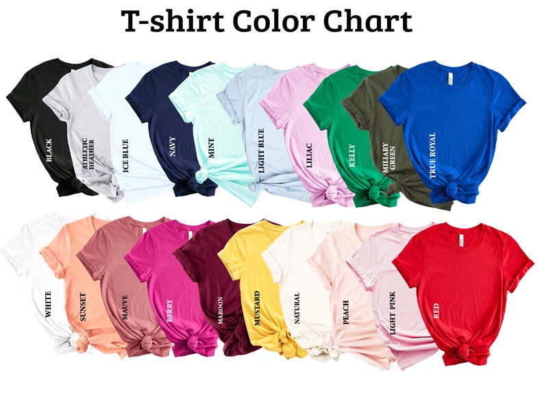 K&ouml;nnte beinhalten: Eine Farbkarte mit T-Shirts in verschiedenen Farben, darunter Schwarz, Wei&szlig;, Marineblau und Rot. Das Bild zeigt eine Vielzahl von T-Shirt-Farben mit Namen wie "Athletic Heather", "Ice Blue" und "True Royal". Der Text "T-shirt Color Chart" steht oben.