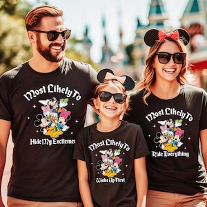 May include: Black t-shirts with Disney characters and the text "Most Likely To." One shirt says "Hide My Excitement," another says "Ride Everything," and the third says "Wake Up First."