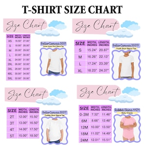 May include: A t-shirt size chart with measurements in inches for various shirt styles, including unisex, youth, toddler, and baby onesies. The chart includes sizes XS to 5XL, with width and length measurements.