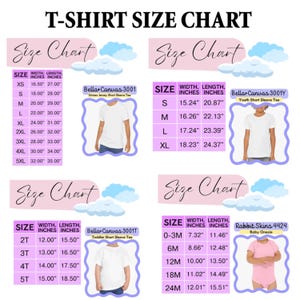 K&ouml;nnte beinhalten: Eine T-Shirt-Gr&ouml;&szlig;entabelle mit Ma&szlig;en in Zoll f&uuml;r verschiedene Shirt-Stile, einschlie&szlig;lich Unisex, Jugend, Kleinkind und Baby-Bodys. Die Tabelle enth&auml;lt die Gr&ouml;&szlig;en XS bis 5XL mit Breiten- und L&auml;ngenma&szlig;en.