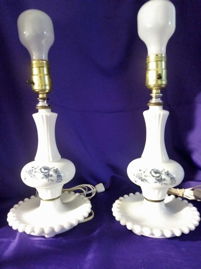 Pair of Beautiful Vintage Milk Glass Table Lamps with Wedgewood Blue Floral Design Pair of Beautiful Vintage Milk Glass Table Lamps with Wedgewood Blue Floral Design
