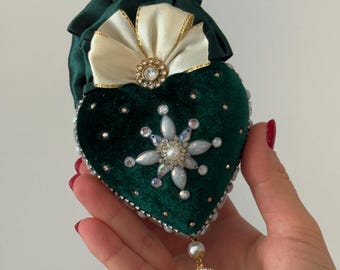 Handmade Green Velvet Christmas Ornament, Rhinestone Holiday Bauble