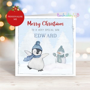 Biglietto di Natale personalizzato con pinguino, qualsiasi relazione/nome, 6" x 6", vuoto all'interno, per figlio/nipote/figlioccio/fratello/amico/bambino