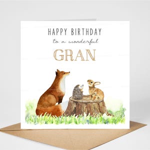 Tarjeta de cumpleaños para abuela/abuela/abuela con animales del bosque, zorro/erizo/conejo, 15 x 15 cm, interior en blanco
