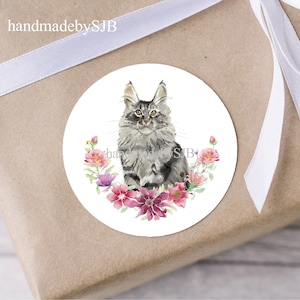 Stickers chat maine coon, 40 mm (1,5 po.), finition mate, 48 stickers (2 feuilles A4), étiquettes rondes pour enveloppes/cadeaux