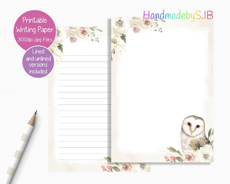 Owl Printable Writing Paperdigital Download Note Etsy