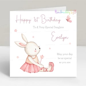Cartão de aniversário personalizado de coelho, qualquer idade/relação/nome, cartão de felicitações para menina/filha/neta, 6" x 6", em branco por dentro