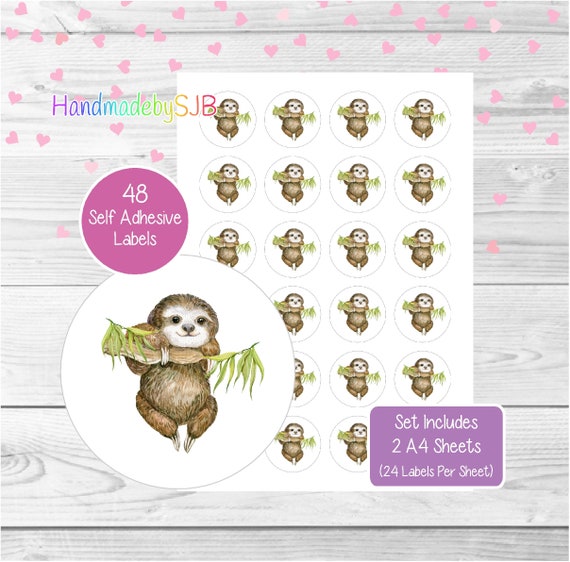 Sloth Stickers, 48 Round Labels (2 A4 Sheets, 24 Per Sheet), Great For  Envelope Seals/Party Bags/Favors/Cards/Gifts