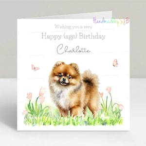 Carte d'anniversaire personnalisée pour chien de Poméranie, n'importe quel nom/âge, fille/petite-fille/soeur/nièce/amie/maman, 6 x 6 po, blanc à l'intérieur