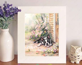 Boston Terrier Watercolour Print, Free-Standing 10" x 8" Picture Mount, Dog Wall Art, Birthday/Christmas/New Home Gift, Home Decor