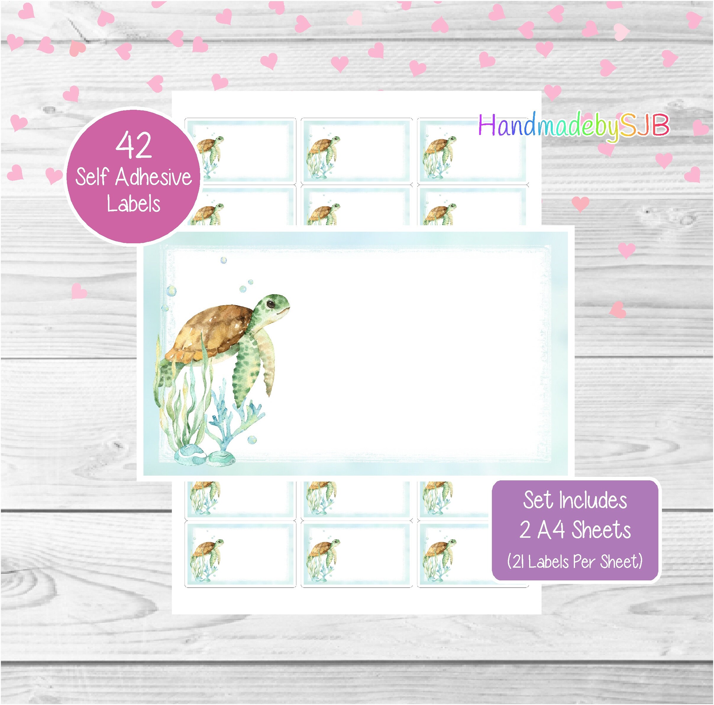 Sea Turtle Labels, 42 Blank Multi Purpose Stickers (2 A4 Sheets, 21 Per Sheet), Fun For Address Labels/Gift Tags/Party Bags