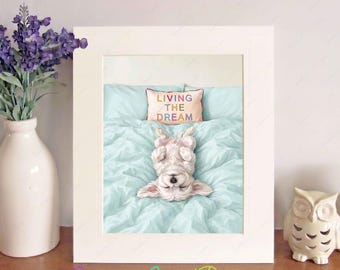 Maltese 'Living The Dream' Watercolour Print, Free-Standing 10"x8" Picture Mount, Cute Lazy Dog Image, Fun Wall Art, Birthday/Christmas Gift