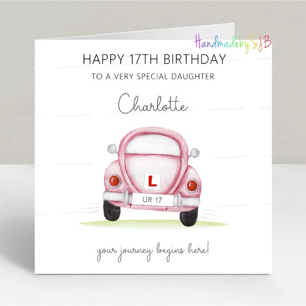 Tarjeta personalizada de cumpleaños número 17, tema de conducción de automóviles/conductor principiante, 6" x 6", interior en blanco, diversión para hija/nieta/sobrina/hermana/amiga