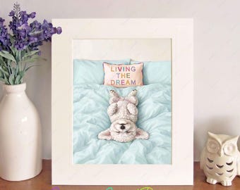 Bichon Frise 'Living The Dream' Watercolour Print, Free-Standing 10"x8" Picture Mount, Cute Dog Image, Fun Wall Art, Birthday/Christmas Gift