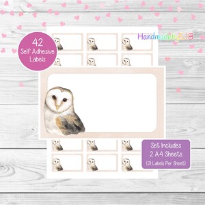 May include: A set of 42 self-adhesive labels featuring a watercolour illustration of a barn owl. The labels are printed on two A4 sheets, with 21 labels per sheet. The labels are perfect for adding a touch of whimsy to your crafts, gifts, or home decor.