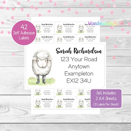 Sheep Personalised Address Labels, 42 Custom Return Stickers, Lovely Set Includes 2 A4 Sheets (21 per sheet)