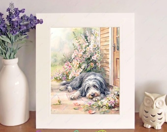 Bearded Collie Watercolour Print, Free-Standing 10" x 8" Picture Mount, Beardie Wall Art, Birthday/Christmas/New Home Gift, Dog Home Decor