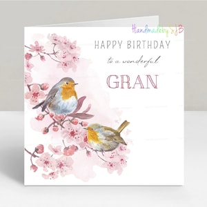 Cartão de aniversário da vovó/vovó Robin, cartão de felicitações Garden Birds, 6"x6", em branco por dentro
