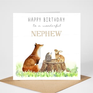 Biglietto di auguri per nipote con animali del bosco, biglietto di auguri con volpe/riccio/coniglio, 15,2 x 15,2 cm, interno vuoto