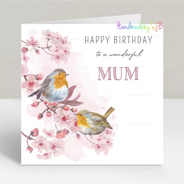 Mum/Mam/Mom Robin Birthday Card, Garden Birds Greeting Card, 6"x6", Blank Inside
