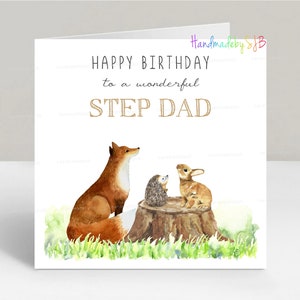 Biglietto di auguri per compleanno con animali del bosco per patrigno, biglietto di auguri con volpe/riccio/coniglio, 6" x 6", interno vuoto