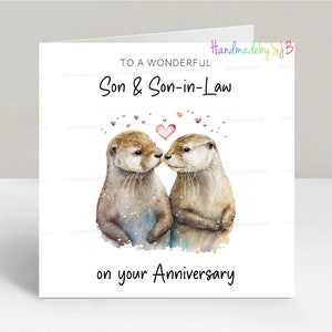 Gelukkige verjaardagskaart zoon en schoonzoon, op je verjaardagswenskaart, schattige sentimentele otterafbeelding, 6 x 6 inch, blanco binnenkant