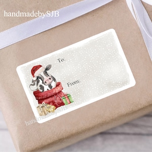 Cow Christmas Gift Labels, 42 Self Adhesive Stickers, Matte Finish, 2 A4 Sheets, Great Gift Tags For Presents/Party Bags