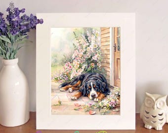 Bernese Mountain Dog Watercolour Print, Free-Standing 10" x 8" Picture Mount, Lovely Birthday/Christmas/New Home Gift, Home Decor