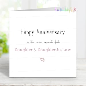 Tarjeta de aniversario de bodas para hija y nuera, para la más maravillosa..., con posibilidad de añadir un año, diseño sencillo y encantador, 15 x 15 cm, interior en blanco.