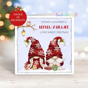 Neef en zijn vrouw/zijn vriendin/zijn verloofde kerstkaart, leuke kerstkabouter/Gonk feestelijke seizoenswenskaart, 6 x 6 inch, binnenkant is leeg
