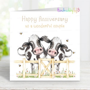 Buon anniversario a una coppia meravigliosa, divertente biglietto di anniversario con mucca/animale da fattoria, 6" x 6", interno vuoto