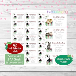 Étiquettes d'adresse personnalisées pour Noël, British Shorthair/chat, 42 stickers (2 feuilles A4), noir et blanc/bleu/tabby/gingembre disponible