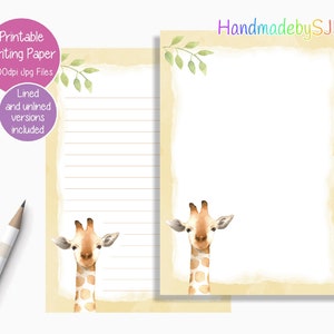 May include: Printable writing paper featuring a giraffe illustration. The paper is lined and has a border with green leaves. The text "HandmadebySJB" is at the top of the page.