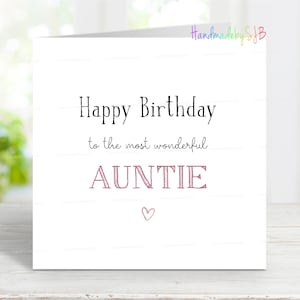 Tarjeta de cumpleaños para tía, feliz cumpleaños a la tía más maravillosa, tarjeta de felicitación sentimental, 15 x 15 cm, interior en blanco