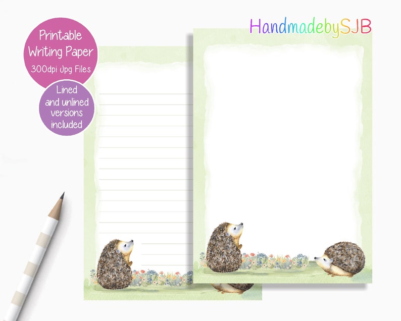 May include: Printable writing paper with a green and white background. The paper features a line border and a hedgehog illustration. The text "HandmadebySJB" is in the top right corner.