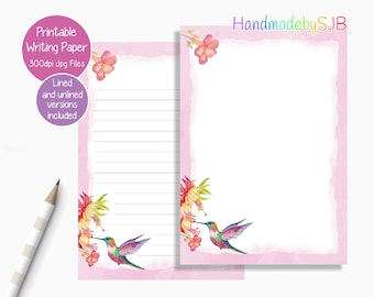 Hummingbird Printable Writing Paper/Digital Download Note Paper/Instant Download A5/US Letter Size Paper/Downloadable Stationery/Bird Gift