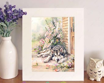 Alaskan Malamute Watercolour Print, Free-Standing 10" x 8" Picture Mount, Dog Wall Art, Birthday/Christmas/New Home Gift, Home Decor