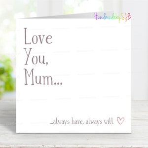 Tarjeta "Te amo, mamá", tarjeta sentimental de cumpleaños o día de la madre, tarjeta de felicitación sencilla, 15 x 15 cm, interior en blanco