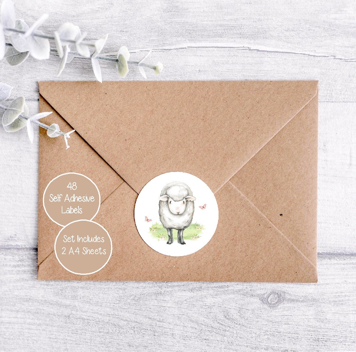 Sheep Stickers, 48 Round Farm Animal Labels (2 A4 Sheets, 24 Per Sheet), Great For Envelope Seals/Party Bags/Favors/Cards/Gifts